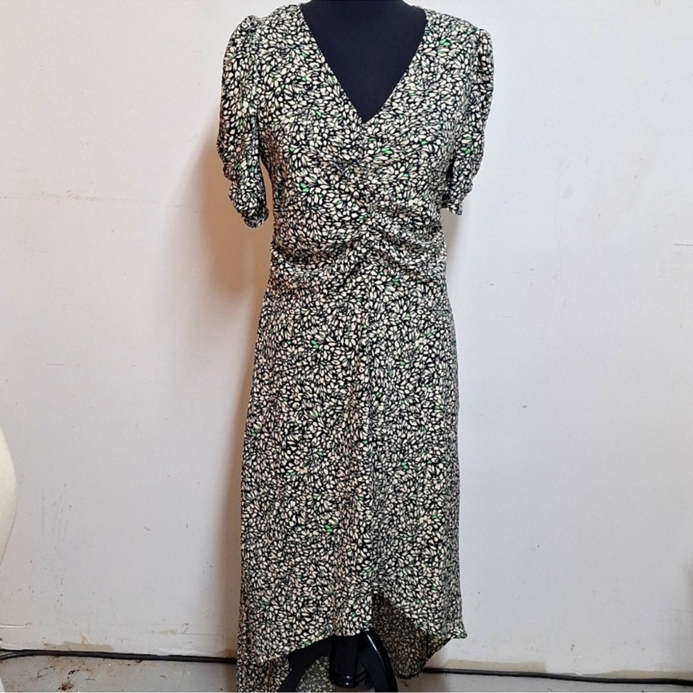 A New Day Green Floral Women's Crepe Short Sleeve Midi Dress
